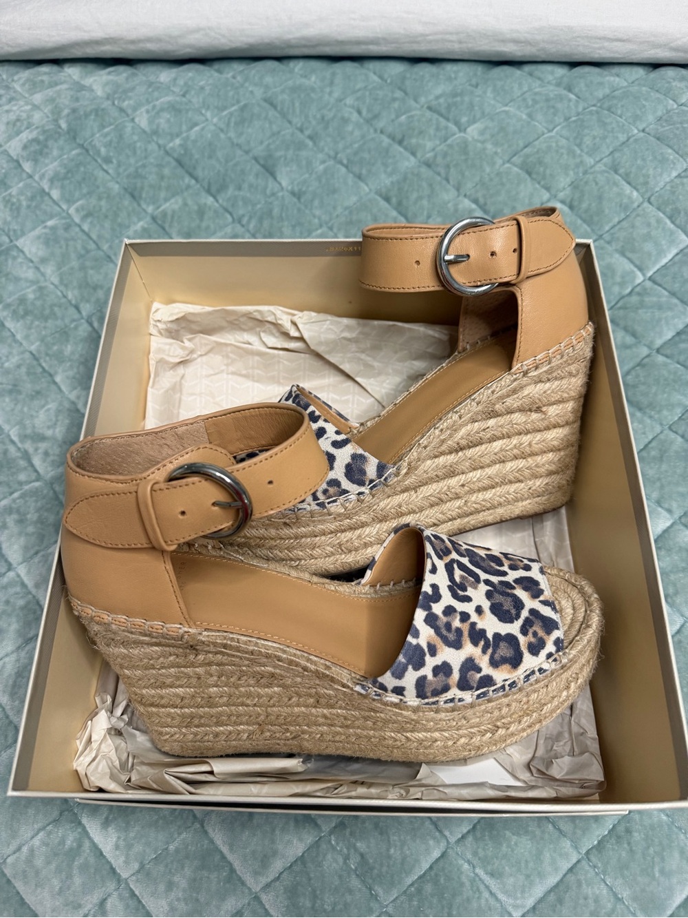 Marc Fisher Tan Espadrille Wedges with Leopard Print Toe